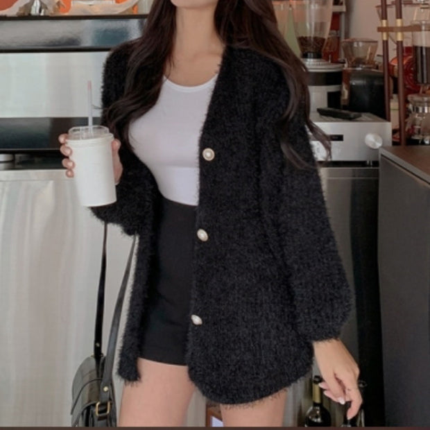 Furry short coat knitted cardigan sweater