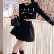 Short black coat top high waist pleated skirt set