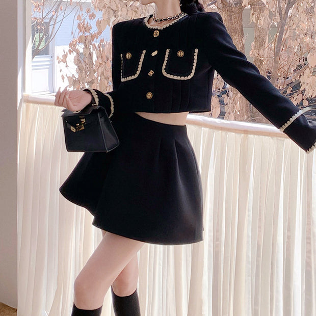 Short black coat top high waist pleated skirt set