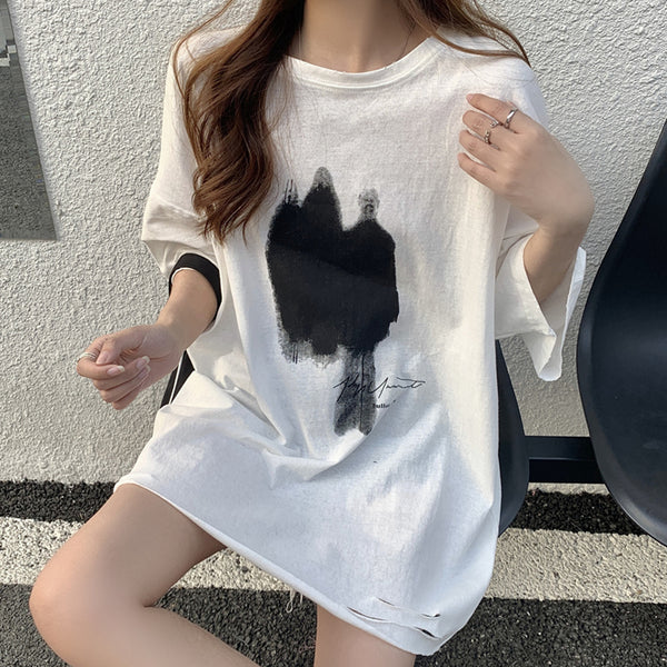 Ripped Loose Printed Short Sleeve T-Shirt