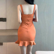 Solid color ruffled metal ring slim dress