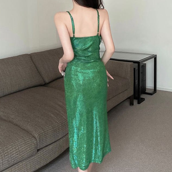 Shiny Pleated V-Neck Slim Slit Summer Cami Sparkly Cocktail Dress