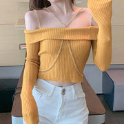 Off-shoulder chain stretch fit knit sweater top