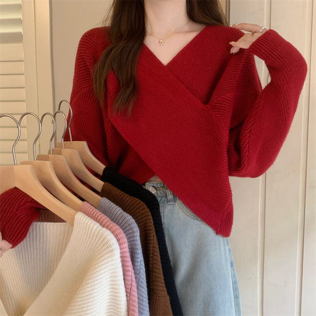V-Neck Crossover Thermal Long-Sleeve Knitted Sweater