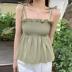 Pleated Ruffled Lace-Up Stretch Tank Top