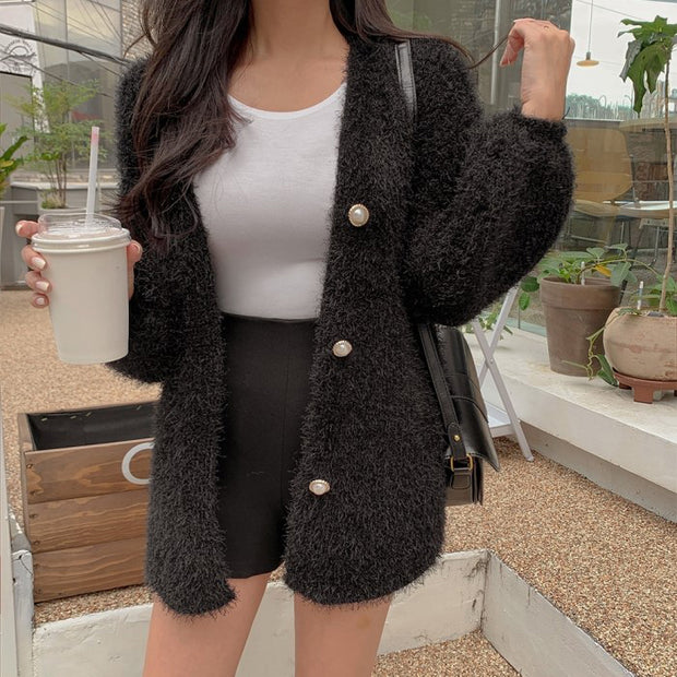Furry short coat knitted cardigan sweater