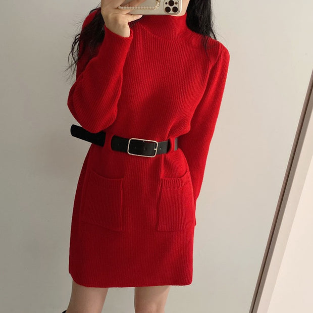 Sweater A-Line Knitted Dress With Belt