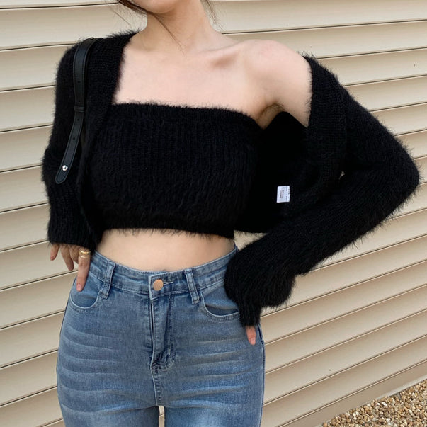 Short fuzzy knit top retro cardigan sweater coat
