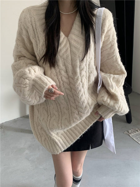 V-Neck Thickened Fried Dough Twist Sweater Sweater Upper Garment