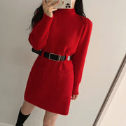 Sweater A-Line Knitted Dress With Belt