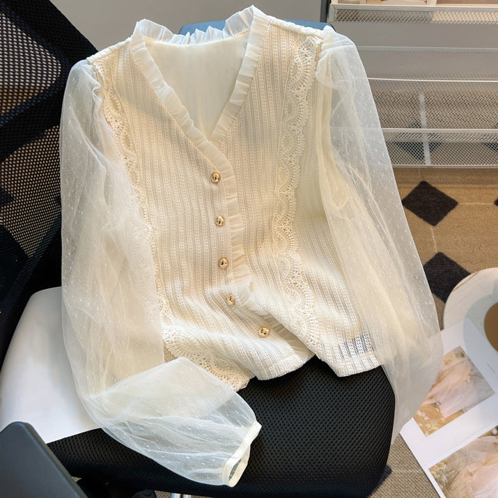 Long Sleeve Lace Cardigan V Neck Top Knit Shirt