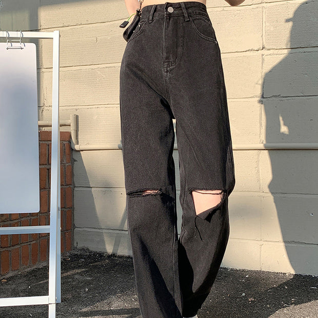 Ripped straight-leg high waist jeans