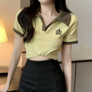 Lapel Collar T-Shirt Top Stretch Slit Skirt Pants