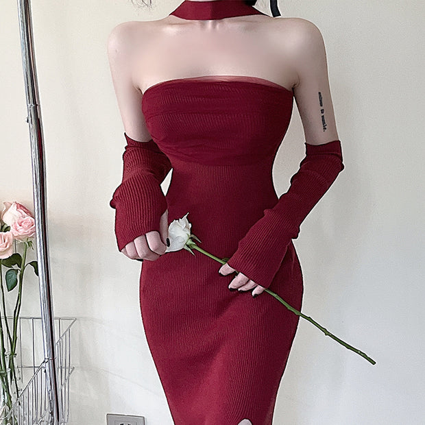 Halter Wrap Chest Slit Knitted Cocktail Homecoming Dress With Sleeves