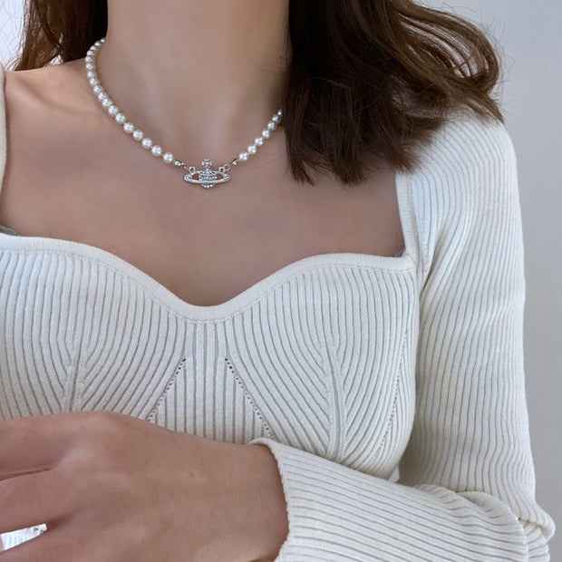 Saturn pearl clavicle chain necklace retro