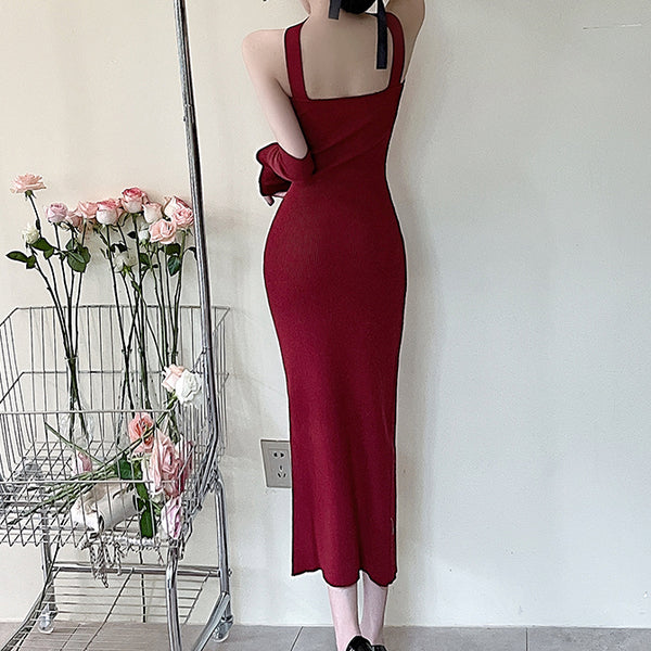 Halter Wrap Chest Slit Knitted Cocktail Homecoming Dress With Sleeves