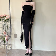 Halter Wrap Chest Slit Knitted Cocktail Homecoming Dress With Sleeves