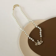 Saturn pearl clavicle chain necklace retro