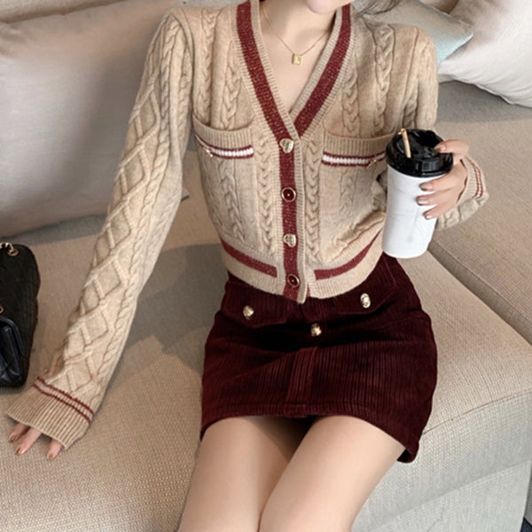V-neck sweater cardigan retro twist knitted top
