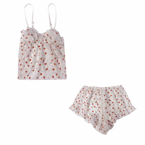 Chiffon V-Neck Strawberry Pajama Loungewear Set
