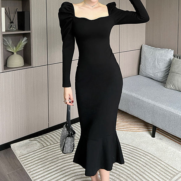 Squarey Long Sleeve Dress - Black