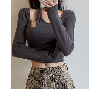 Hollow Long-Sleeve Skinny Cropped T-Shirt Top