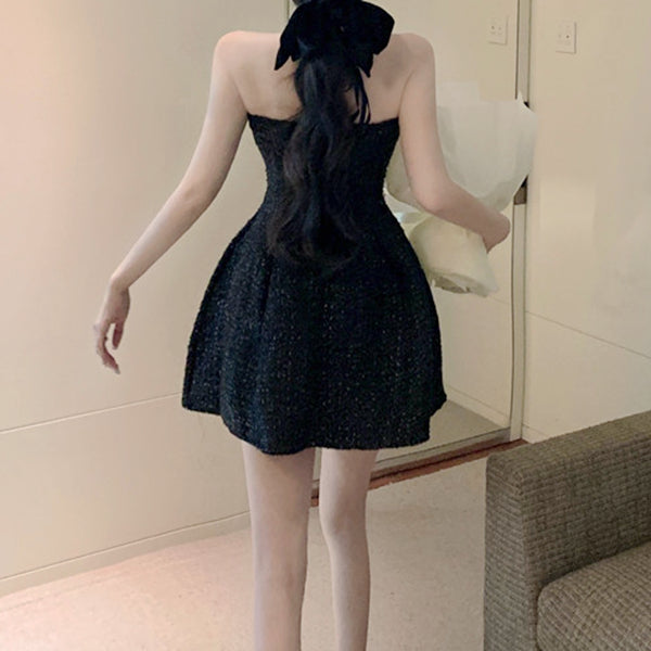Bow Halter Elegant Tweed Short Bodycon Dress
