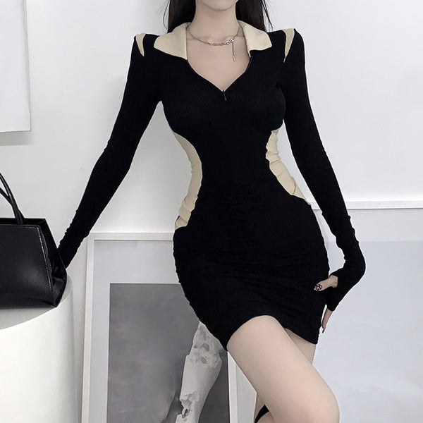 Contrast Lapel Bodycon Pleated Knitted Winter Dress