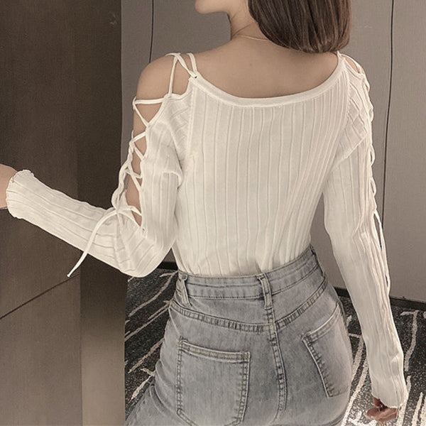 Lace-Up Off-The-Shoulder Long-Sleeve Knitted Top