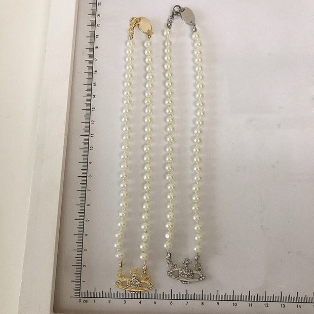 Saturn Pearl Clavicle Chain Necklace Retro