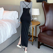 Knit top crossover halter slit dress suit