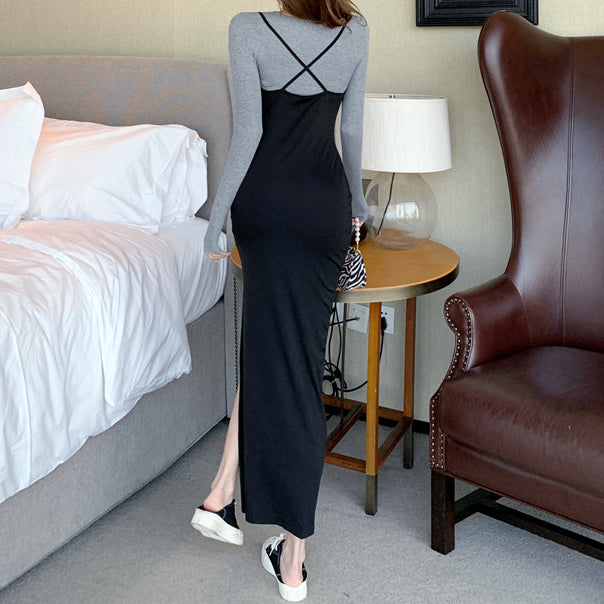 Knit top crossover halter slit dress suit