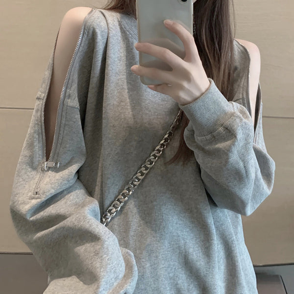 Gray Sweatshirt Zip Off Shoulder Top