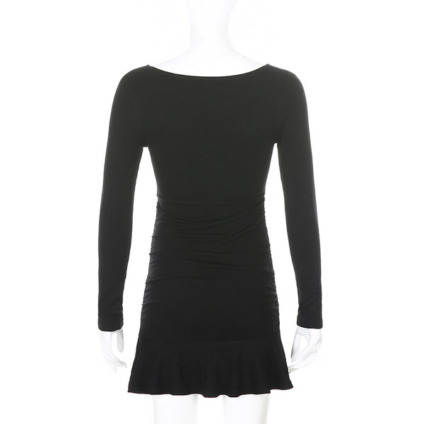 Black Long-Sleeved Sexy V-Neck Ruffle Winter Dress