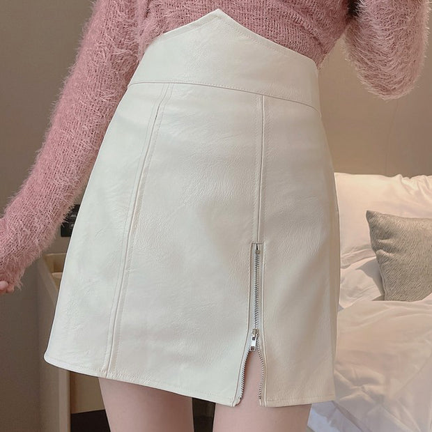 One shoulder cross top zip leather skirt set