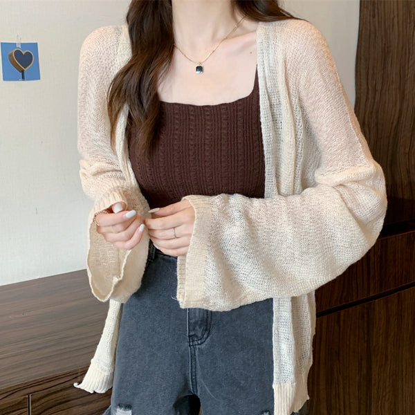 Knitted Tank Top Long Sleeve Cardigan Top Set