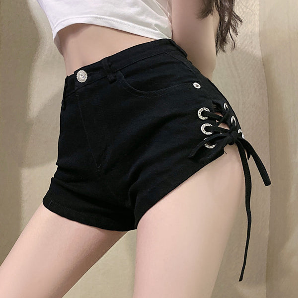 High-Waisted Jeans Wide-Leg Strappy Shorts