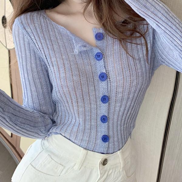 Button Sunscreen Knitted Cardigan Crop Top