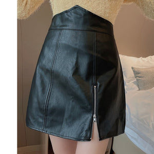 One Shoulder Cross Top Zip Leather Skirt Set