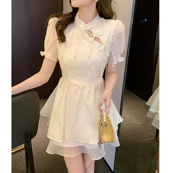 Improved Qipao Apricot Buckle Backless Elegant Dress