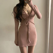V-Neck Knitted Long-Sleeve Drawstring Bodycon Dress
