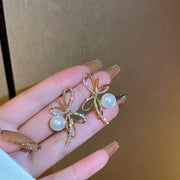 Silver post bow glitter diamond pearl earrings