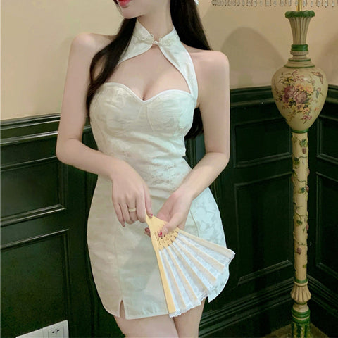 White Jacquard Improved Chinese Style Qipao Halter Neck Waist Dress