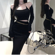 Sexy Short Navel-Bare Cardigan High Waist Chain Slim Slit Skirt Set