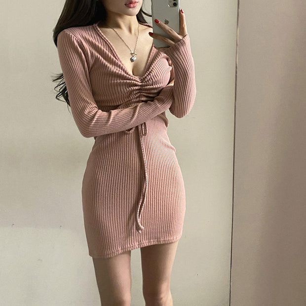 V-Neck Knitted Long-Sleeve Drawstring Bodycon Dress