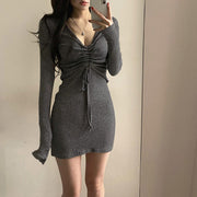 V-Neck Knitted Long-Sleeve Drawstring Bodycon Dress