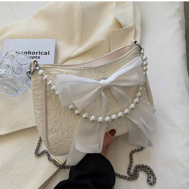 Design bow pearl chain one shoulder crossbody bag