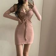 V-Neck Knitted Long-Sleeve Drawstring Bodycon Dress