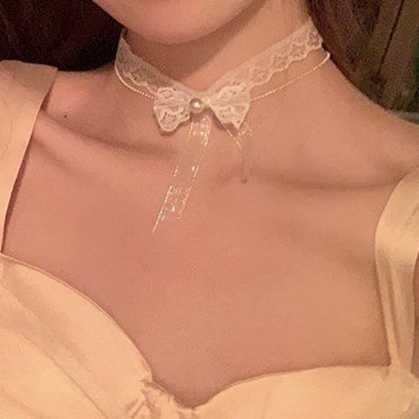 White lace double bow necklace choker