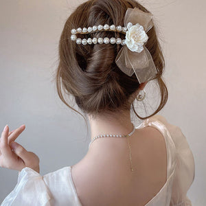 Vintage Camellia Bow Pearl Hair Clip